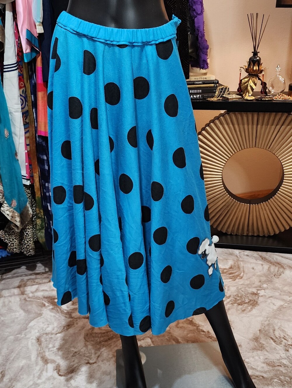 Vintage 80s Blue Polka Dot Circle Skirt Poodle Appliqué Rockabilly Midi M